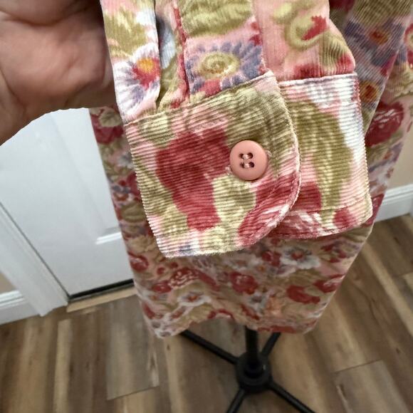 Lemon Grass womens Large floral print cotton micro-wale corduroy button up shirt - Picture 3 of 6